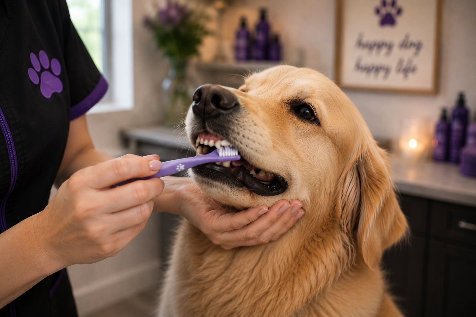 Professional teeth brushing and ear cleaning.